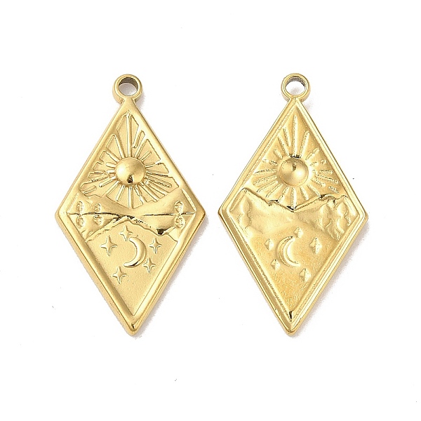 PandaHall Ion Plating(IP) 304 Stainless Steel Pendants, Rhombus with Sun & Star Charm, Real 18K Gold Plated, 25.5x14x2mm, Hole: 1.6mm 304...
PandaHall Ion Plating(IP) 304 Stainless Steel Pendants, Rhombus with Sun & Star Charm, Real 18K Gold Plated, 25.5x14x2mm, Hole: 1.6mm 304...