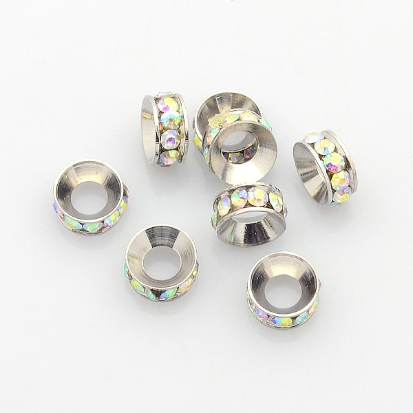 PandaHall Brass Rhinestone Spacer Beads, Grade A, Rondelle, Platinum Metal Color, Crystal AB, 7x3.3mm, Hole: 3.5mm Brass+Rhinestone Rondelle..., Clear
PandaHall Brass Rhinestone Spacer Beads, Grade A, Rondelle, Platinum Metal Color, Crystal AB, 7x3.3mm, Hole: 3.5mm Brass+Rhinestone Rondelle..., Clear
