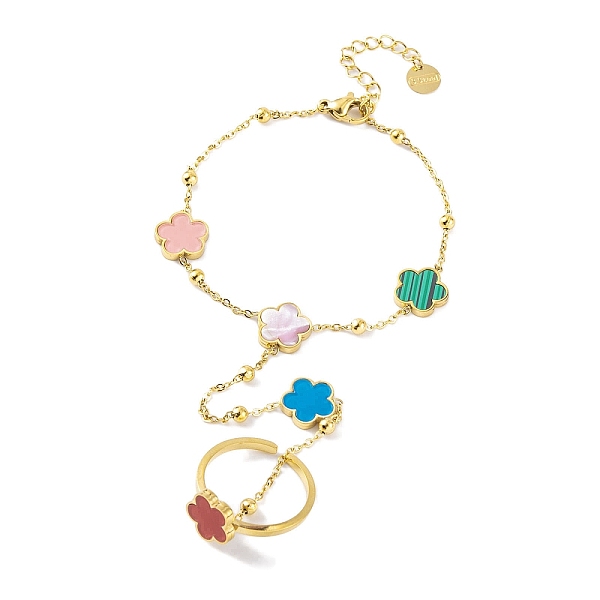 PandaHall Ion Plating(IP) 304 Stainless Steel Ring Bracelets, Flower Synthetic Malachite & Shell Link Chain Bracelets with Open Cuff Rings...
PandaHall Ion Plating(IP) 304 Stainless Steel Ring Bracelets, Flower Synthetic Malachite & Shell Link Chain Bracelets with Open Cuff Rings...