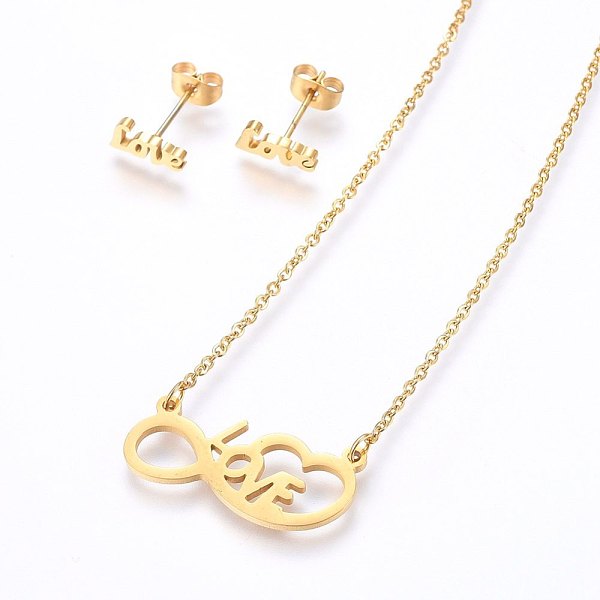 PandaHall 304 Stainless Steel Jewelry Sets, Stud Earrings and Pendant Necklaces, Infinity with Word Love, Golden, Necklace: 18.9 inch(48cm)...
PandaHall 304 Stainless Steel Jewelry Sets, Stud Earrings and Pendant Necklaces, Infinity with Word Love, Golden, Necklace: 18.9 inch(48cm)...