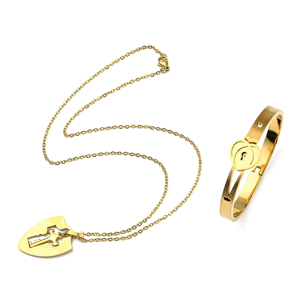 PandaHall 304 Stainless Steel Heart Lock Bangle with Cubic Zirconia, Key Pendant Necklace, Couple Jewelry Set for Valentine's Day, Golden...
PandaHall 304 Stainless Steel Heart Lock Bangle with Cubic Zirconia, Key Pendant Necklace, Couple Jewelry Set for Valentine's Day, Golden...