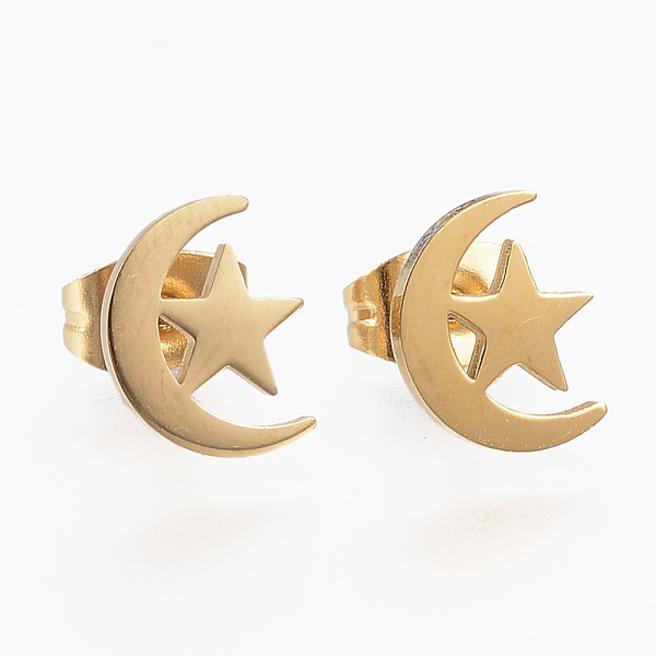 PandaHall 304 Stainless Steel Stud Earrings, Hypoallergenic Earrings, Moon and Star, Golden, 9x7x1mm, Pin: 0.8mm 304 Stainless Steel
PandaHall 304 Stainless Steel Stud Earrings, Hypoallergenic Earrings, Moon and Star, Golden, 9x7x1mm, Pin: 0.8mm 304 Stainless Steel