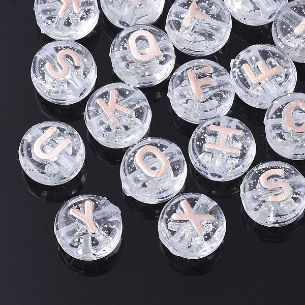 PandaHall Plating Transparent Acrylic Beads, with Glitter Powder, Metal Enlaced, Horizontal Hole, Flat Round with Letter, Misty Rose, 10x6mm..., Red
PandaHall Plating Transparent Acrylic Beads, with Glitter Powder, Metal Enlaced, Horizontal Hole, Flat Round with Letter, Misty Rose, 10x6mm..., Red