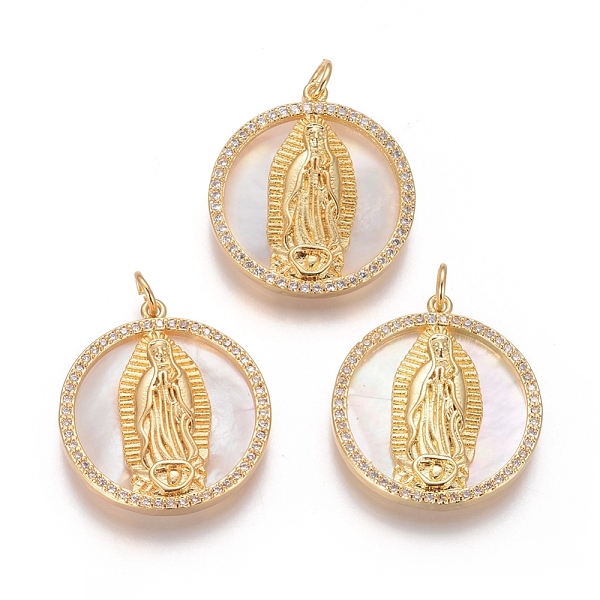 PandaHall Brass Pendants, with Micro Pave Cubic Zirconia, Shell and Jump Rings, Flat Round with Virgin Mary, Clear, Golden, 25x22x3mm, Hole...
PandaHall Brass Pendants, with Micro Pave Cubic Zirconia, Shell and Jump Rings, Flat Round with Virgin Mary, Clear, Golden, 25x22x3mm, Hole...