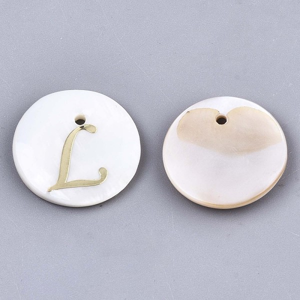 PandaHall Natural Freshwater Shell Pendants, with Golden Plated Brass Etched Metal Embellishments, Flat Round with Letter, Letter.L, 15x2mm...
PandaHall Natural Freshwater Shell Pendants, with Golden Plated Brass Etched Metal Embellishments, Flat Round with Letter, Letter.L, 15x2mm...