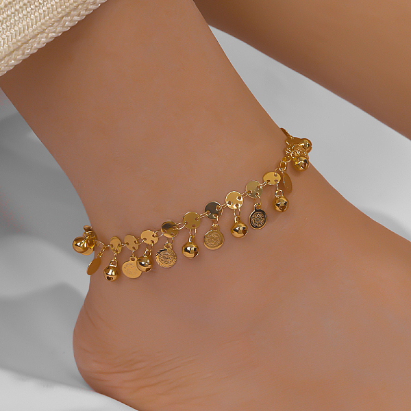 PandaHall Beach Style Brass Bell Pendant, Flat Roung Charm Anklets, Adjustable Anklet, Real 18K Gold Plated Brass
PandaHall Beach Style Brass Bell Pendant, Flat Roung Charm Anklets, Adjustable Anklet, Real 18K Gold Plated Brass