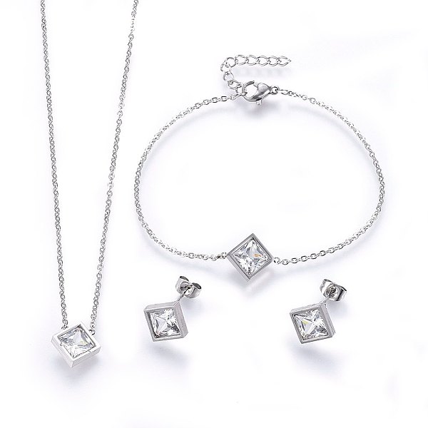 PandaHall 304 Stainless Steel Jewelry Sets, Pendant Necklaces & Stud Earrings & Bracelets, with Cubic Zirconia, Rhombus, Stainless Steel..., Clear
PandaHall 304 Stainless Steel Jewelry Sets, Pendant Necklaces & Stud Earrings & Bracelets, with Cubic Zirconia, Rhombus, Stainless Steel..., Clear