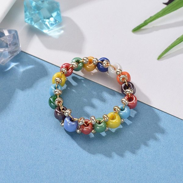 PandaHall Round Glass Seed Beaded Finger Rings, with Real 18K Gold Plated Copper Wire, Colorful, US Size 10 3/4(20.3mm) Glass 
PandaHall Round Glass Seed Beaded Finger Rings, with Real 18K Gold Plated Copper Wire, Colorful, US Size 10 3/4(20.3mm) Glass