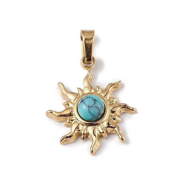 PandaHall Ion Plating(IP) 304 Stainless Steel with Synthetic Turquoise Sun Charms, Golden, 12.5x14x4mm, Hole: 3x4mm Turquoise Sun
PandaHall Ion Plating(IP) 304 Stainless Steel with Synthetic Turquoise Sun Charms, Golden, 12.5x14x4mm, Hole: 3x4mm Turquoise Sun