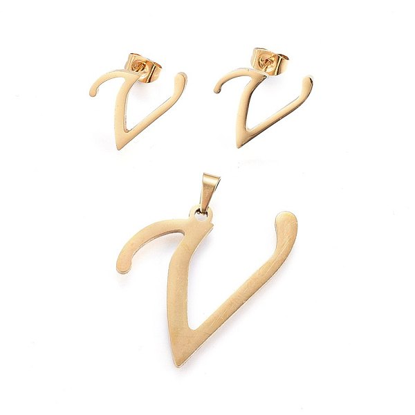 PandaHall 304 Stainless Steel Pendants and Stud Earrings Jewelry Sets, Alphabet, Letter.V, 30x28x1.5mm, Hole: 6x3mm, 16x15x1.5mm, Pin: 0.8mm...
PandaHall 304 Stainless Steel Pendants and Stud Earrings Jewelry Sets, Alphabet, Letter.V, 30x28x1.5mm, Hole: 6x3mm, 16x15x1.5mm, Pin: 0.8mm...