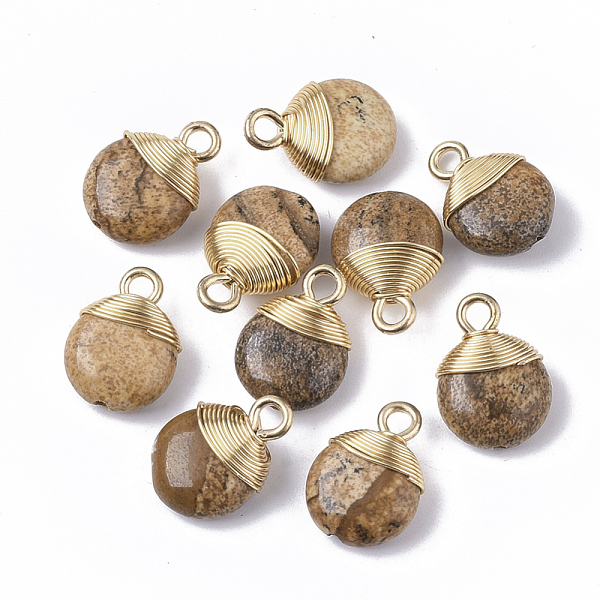 PandaHall Natural Picture Jasper Pendants, with Golden Tone Brass Wires and Iron Loops, Half Drilled, Flat Round, 14~15x10~11x5~6mm, Hole...
PandaHall Natural Picture Jasper Pendants, with Golden Tone Brass Wires and Iron Loops, Half Drilled, Flat Round, 14~15x10~11x5~6mm, Hole...