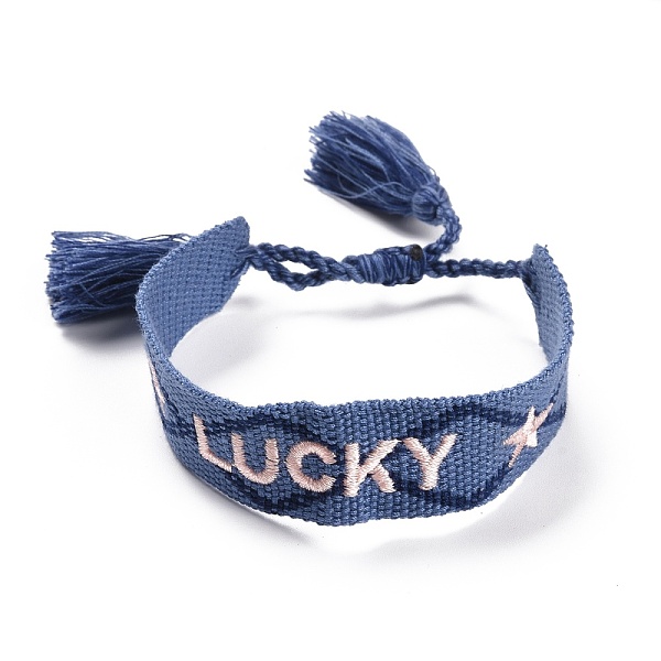 PandaHall Word Lucky Polycotton(Polyester Cotton) Braided Bracelet with Tassel Charm, Flat Adjustable Wide Wristband for Couple, Marine Blue...
PandaHall Word Lucky Polycotton(Polyester Cotton) Braided Bracelet with Tassel Charm, Flat Adjustable Wide Wristband for Couple, Marine Blue...