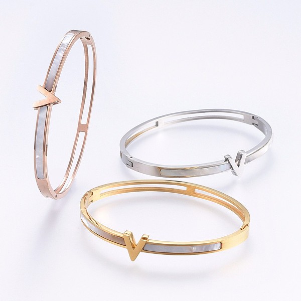 PandaHall 304 Stainless Steel Bangles, with Shell, Mixed Color, 2-3/8 inch(6cm)x2 inch(5cm), 4~9mm Shell White
PandaHall 304 Stainless Steel Bangles, with Shell, Mixed Color, 2-3/8 inch(6cm)x2 inch(5cm), 4~9mm Shell White