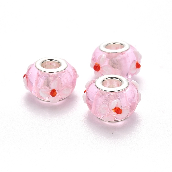 PandaHall Handmade Lampwork European Beads, Large Hole Rondelle Beads, Rondelle with Flower, Bumpy Lampwork, with Platinum Tone Brass Double..., Pink
PandaHall Handmade Lampwork European Beads, Large Hole Rondelle Beads, Rondelle with Flower, Bumpy Lampwork, with Platinum Tone Brass Double..., Pink