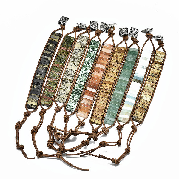 PandaHall Cowhide Leather Cord Bracelets, with Rectangle Natural Gemstone Beads and Alloy Findings, 9~11 inch(23~28cm) Mixed Stone
PandaHall Cowhide Leather Cord Bracelets, with Rectangle Natural Gemstone Beads and Alloy Findings, 9~11 inch(23~28cm) Mixed Stone