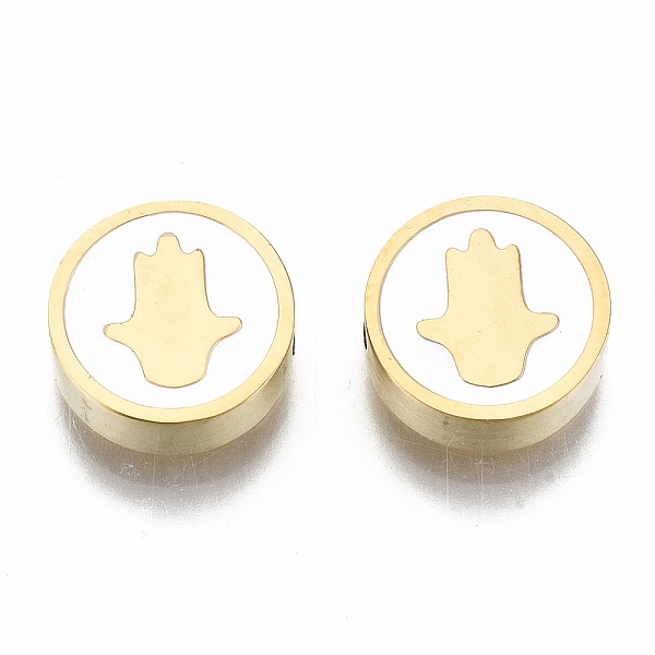 PandaHall 304 Stainless Steel Beads, with Enamel, White, Flat Round with Hamsa Hand/Hand of Fatima/Hand of Miriam, Golden, 9.5x3mm, Hole...
PandaHall 304 Stainless Steel Beads, with Enamel, White, Flat Round with Hamsa Hand/Hand of Fatima/Hand of Miriam, Golden, 9.5x3mm, Hole...