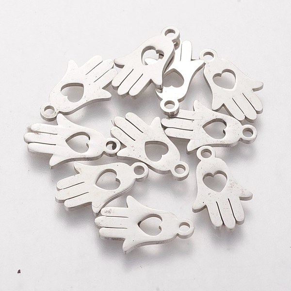PandaHall 304 Stainless Steel Charms, Laser Cut, Hamsa Hand/Hand of Fatima/Hand of Miriam with Heart, Stainless Steel Color, 15x9.5x1.2mm...
PandaHall 304 Stainless Steel Charms, Laser Cut, Hamsa Hand/Hand of Fatima/Hand of Miriam with Heart, Stainless Steel Color, 15x9.5x1.2mm...