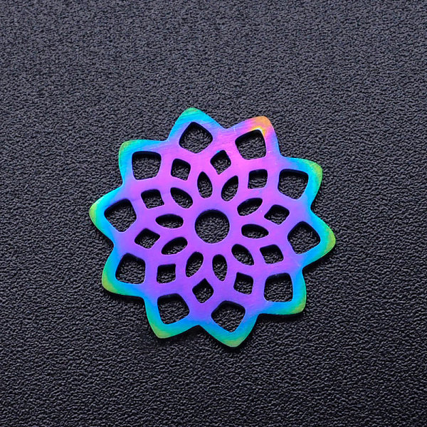 PandaHall Ion Plating(IP) 201 Stainless Steel Filigree Joiners, Lotus, Rainbow Color, 16x16x1mm, Hole: 2mm 201 Stainless Steel Flower
PandaHall Ion Plating(IP) 201 Stainless Steel Filigree Joiners, Lotus, Rainbow Color, 16x16x1mm, Hole: 2mm 201 Stainless Steel Flower