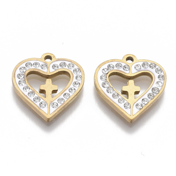 PandaHall 201 Stainless Steel Pendants, Crosslet Heart Pendants, with Polymer Clay Crystal Rhinestone, Heart with Cross, Golden, 17x16x2.5mm..., Clear
PandaHall 201 Stainless Steel Pendants, Crosslet Heart Pendants, with Polymer Clay Crystal Rhinestone, Heart with Cross, Golden, 17x16x2.5mm..., Clear