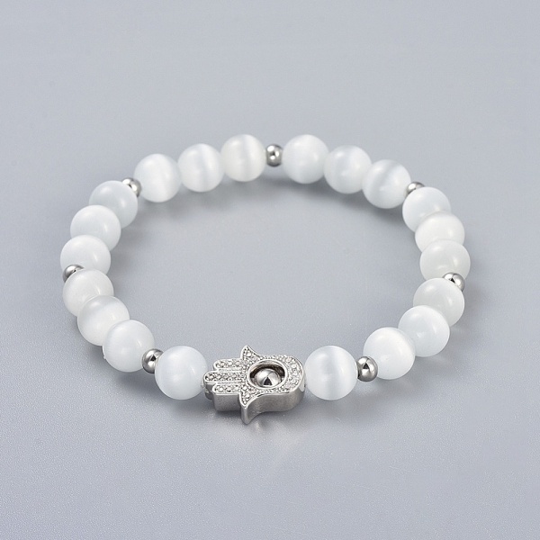 PandaHall Cat Eye Round Beads Stretch Bracelets, with 304 Stainless Steel Beads and Brass Micro Pave Cubic Zirconia Beads, Hamsa Hand..., White
PandaHall Cat Eye Round Beads Stretch Bracelets, with 304 Stainless Steel Beads and Brass Micro Pave Cubic Zirconia Beads, Hamsa Hand..., White