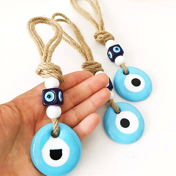 PandaHall Flat Round with Evil Eye Glass Pendant Decorations, Hemp Rope Hanging Ornament, Light Sky Blue, 180x40mm Glass Flat Round
PandaHall Flat Round with Evil Eye Glass Pendant Decorations, Hemp Rope Hanging Ornament, Light Sky Blue, 180x40mm Glass Flat Round