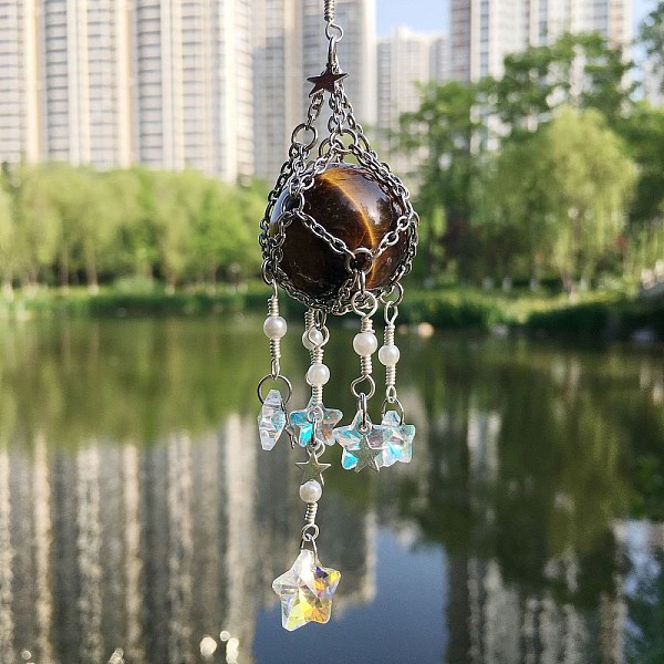 PandaHall Glass Pendant Decoration, Suncatchers, with Titanium Steel Findings, Natural Tiger Eye Ball, 200~210mm Tiger Eye Star
PandaHall Glass Pendant Decoration, Suncatchers, with Titanium Steel Findings, Natural Tiger Eye Ball, 200~210mm Tiger Eye Star