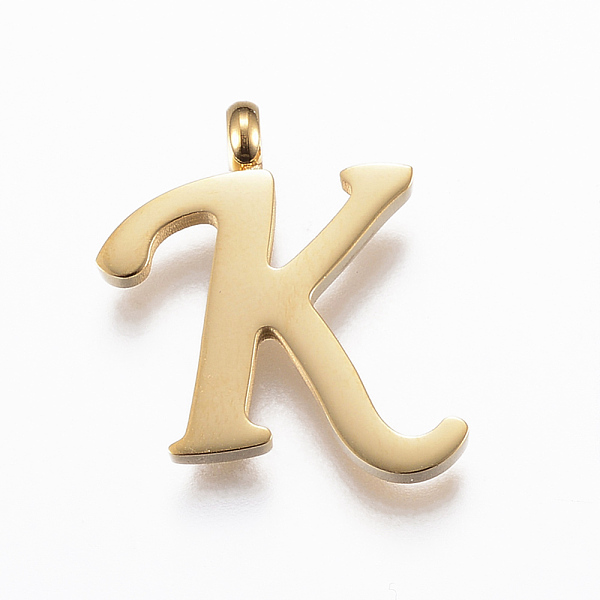 PandaHall 304 Stainless Steel Pendants, Initial Letter, Letter.K, Golden, 16.5x14.5x2mm, Hole: 2mm 304 Stainless Steel Letter K
PandaHall 304 Stainless Steel Pendants, Initial Letter, Letter.K, Golden, 16.5x14.5x2mm, Hole: 2mm 304 Stainless Steel Letter K