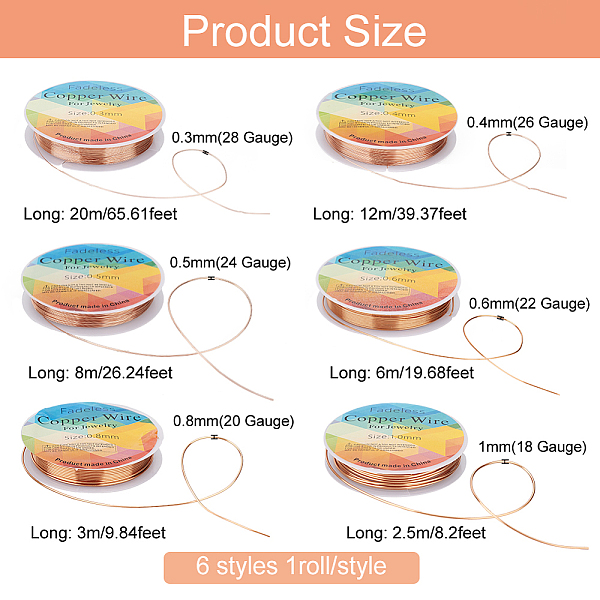 PandaHall 6 Rolls 6 Size Copper Jewelry Wire, Round, Raw, 18~28 Gauge, 0.3~1mm, about 65.61~8.2 Feet(2.5m)/roll, 1 Roll/size Brass Round
PandaHall 6 Rolls 6 Size Copper Jewelry Wire, Round, Raw, 18~28 Gauge, 0.3~1mm, about 65.61~8.2 Feet(2.5m)/roll, 1 Roll/size Brass Round