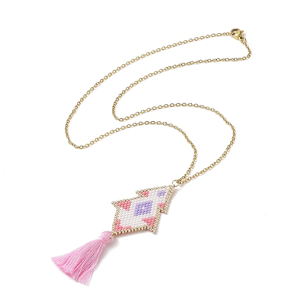 PandaHall Rhombus Handmade Loom Pattern Glass Seed Pendants Necklaces with Tassel, 304 Stainless Steel Cable Chain Necklaces for Women, Pink...
PandaHall Rhombus Handmade Loom Pattern Glass Seed Pendants Necklaces with Tassel, 304 Stainless Steel Cable Chain Necklaces for Women, Pink...