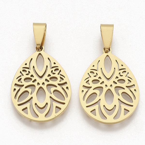 PandaHall 201 Stainless Steel Pendants, Filigree Pendants, with Random Size Snap on Bails, Teardrop, Golden, 28.5x20x1.5mm, Hole: 8~10x3~5mm...
PandaHall 201 Stainless Steel Pendants, Filigree Pendants, with Random Size Snap on Bails, Teardrop, Golden, 28.5x20x1.5mm, Hole: 8~10x3~5mm...