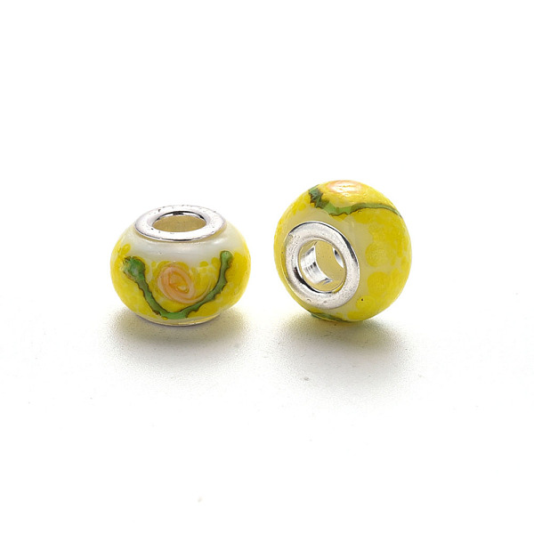 PandaHall Handmade Lampwork European Beads, Large Hole Rondelle Beads, with Platinum Tone Brass Double Cores, with Flower Pattern, Yellow...
PandaHall Handmade Lampwork European Beads, Large Hole Rondelle Beads, with Platinum Tone Brass Double Cores, with Flower Pattern, Yellow...