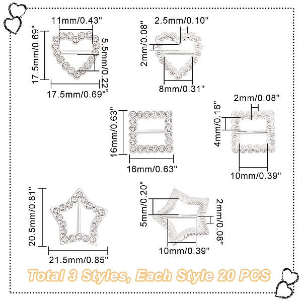 PandaHall AHADEMAKER 60Pcs 3 Style Alloy Crystal Rhinestone Shoe Decoration, Tri Glide Slide Buckles, Star/Square/Heart, Silver..., Clear
PandaHall AHADEMAKER 60Pcs 3 Style Alloy Crystal Rhinestone Shoe Decoration, Tri Glide Slide Buckles, Star/Square/Heart, Silver..., Clear