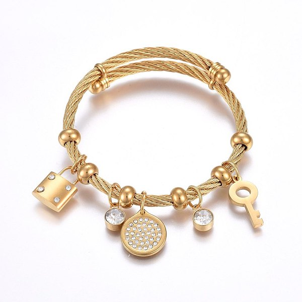 PandaHall 304 Stainless Steel Bangles, with Rhinestone, Flat Round & Lock & Key, Golden, 2-1/4 inch(5.7cm), Pendant: 10~20x7~15x2~5mm..., Clear
PandaHall 304 Stainless Steel Bangles, with Rhinestone, Flat Round & Lock & Key, Golden, 2-1/4 inch(5.7cm), Pendant: 10~20x7~15x2~5mm..., Clear