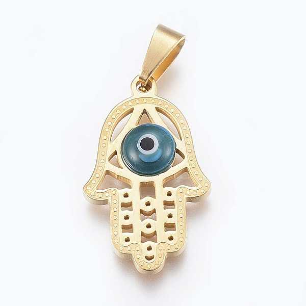 PandaHall 304 Stainless Steel Pendants, with Glass Evil Eye, Hamsa Hand/Hand of Miriam, Golden, 24.5x15x4mm, Hole: 7x3mm Stainless..., Cyan
PandaHall 304 Stainless Steel Pendants, with Glass Evil Eye, Hamsa Hand/Hand of Miriam, Golden, 24.5x15x4mm, Hole: 7x3mm Stainless..., Cyan