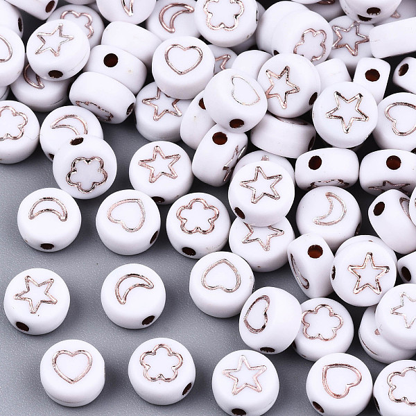 PandaHall Opaque White Acrylic Beads, Metal Enlaced, Flat Round with Rose Gold Star & Flower & Moon & Heart, 7x4mm, Hole: 1.5mm, about...
PandaHall Opaque White Acrylic Beads, Metal Enlaced, Flat Round with Rose Gold Star & Flower & Moon & Heart, 7x4mm, Hole: 1.5mm, about...