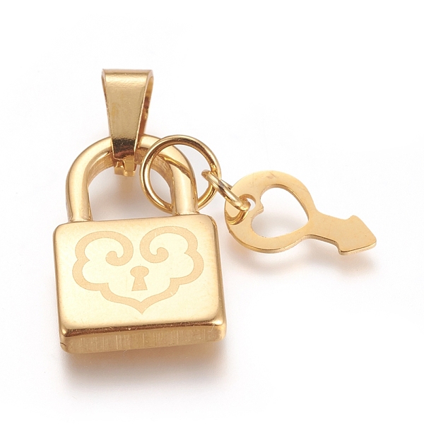 PandaHall 304 Stainless Steel Pendants, Lock and Key, Golden, Lock: 19x12x3mm, Key: 11.5x6.5x0.5mm, Hole: 5x4mm. 304 Stainless Steel Lock
PandaHall 304 Stainless Steel Pendants, Lock and Key, Golden, Lock: 19x12x3mm, Key: 11.5x6.5x0.5mm, Hole: 5x4mm. 304 Stainless Steel Lock