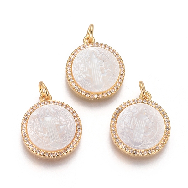 PandaHall Brass Pendants, with Micro Pave Cubic Zirconia, Shell and Jump Rings, Flat Round with Saint Benedict, Clear, Golden, 18x15x3mm...
PandaHall Brass Pendants, with Micro Pave Cubic Zirconia, Shell and Jump Rings, Flat Round with Saint Benedict, Clear, Golden, 18x15x3mm...