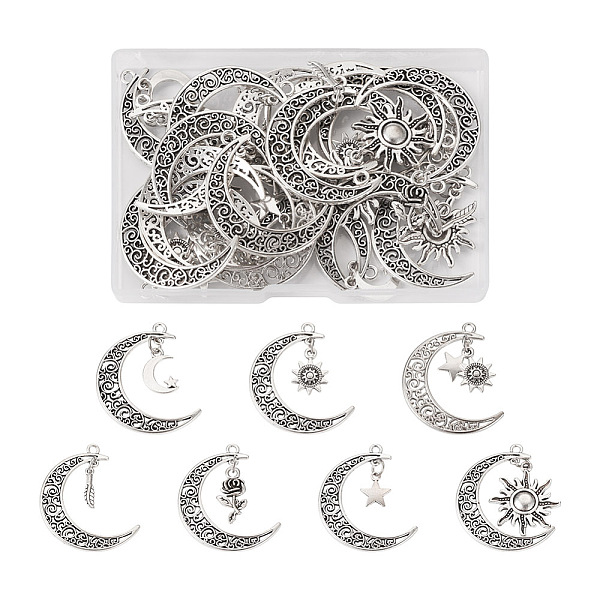 PandaHall Jewelry 28Pcs 7 Style Tibetan Style Zinc Alloy Pendants, Moon with Feather & Sun & Star & Rose , Antique Silver...
PandaHall Jewelry 28Pcs 7 Style Tibetan Style Zinc Alloy Pendants, Moon with Feather & Sun & Star & Rose , Antique Silver...