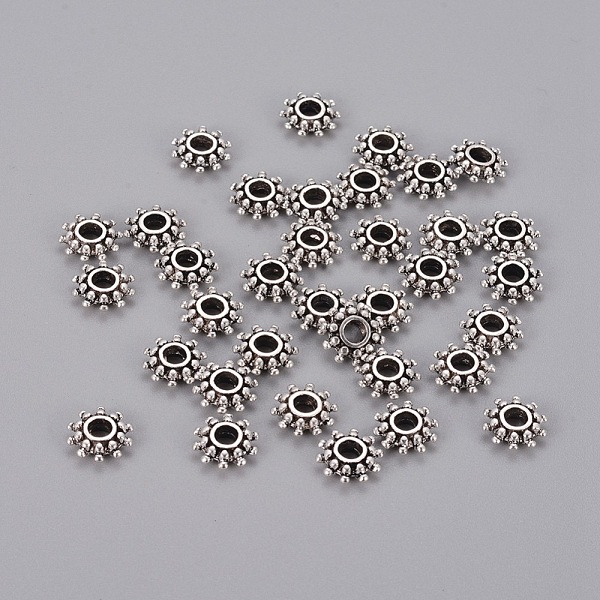 PandaHall Tibetan Style Spacer Beads, Flower, Antique Silver, Lead Free & Cadmium Free & Nickel Free, 9x3mm, Hole: 2.5mm Alloy Sun
PandaHall Tibetan Style Spacer Beads, Flower, Antique Silver, Lead Free & Cadmium Free & Nickel Free, 9x3mm, Hole: 2.5mm Alloy Sun