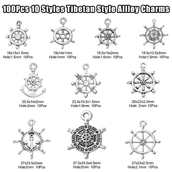 PandaHall 100Pcs 10 Styles Tibetan Style Allloy Pendants, Anchor with Helm & Helm, Antique Silver, 18~37.5x13~23x1~3mm, Hole: 2.1mm...
PandaHall 100Pcs 10 Styles Tibetan Style Allloy Pendants, Anchor with Helm & Helm, Antique Silver, 18~37.5x13~23x1~3mm, Hole: 2.1mm...