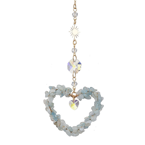 PandaHall Heart Natural Aquamarine Chip Pendant Drcorations, Octagon Glass Suncatchers with Brass Sun, 230mm Aquamarine Heart
PandaHall Heart Natural Aquamarine Chip Pendant Drcorations, Octagon Glass Suncatchers with Brass Sun, 230mm Aquamarine Heart