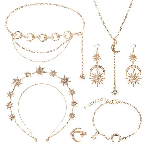 PandaHall ANATTASOUL Moon & Star & Sun Rhinestone Jewelry Set, Alloy Dangle Earrings & Chain Belt & Open Cuff Rings & Charm Bracelet & Cable..., Clear
PandaHall ANATTASOUL Moon & Star & Sun Rhinestone Jewelry Set, Alloy Dangle Earrings & Chain Belt & Open Cuff Rings & Charm Bracelet & Cable..., Clear