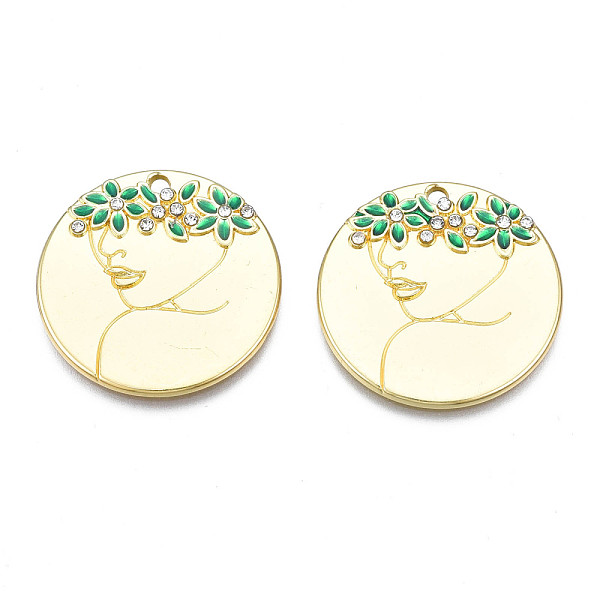 PandaHall Rack Plating Alloy Enamel Pendants, with Rhinestone, Cadmium Free & Lead Free, Flat Round with Woman' Portrait & Olive Wreath &..., Clear
PandaHall Rack Plating Alloy Enamel Pendants, with Rhinestone, Cadmium Free & Lead Free, Flat Round with Woman' Portrait & Olive Wreath &..., Clear