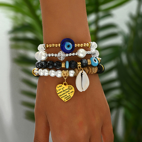 PandaHall Fashionable Real 18K Gold Plated Eye Beaded Bracelet Set, Shell Charm Stretch Bracelets for Women Alloy
PandaHall Fashionable Real 18K Gold Plated Eye Beaded Bracelet Set, Shell Charm Stretch Bracelets for Women Alloy