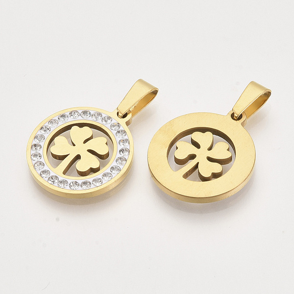 PandaHall 201 Stainless Steel Pendants, with Random Size Snap On Bails and Polymer Clay Crystal Rhinestones, Flat Round with Clover, Golden..., Clear
PandaHall 201 Stainless Steel Pendants, with Random Size Snap On Bails and Polymer Clay Crystal Rhinestones, Flat Round with Clover, Golden..., Clear