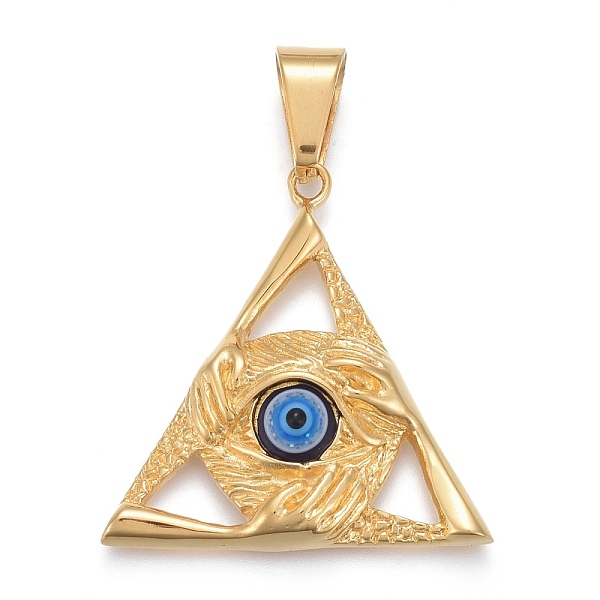 PandaHall 304 Stainless Steel Pendants, with Resin, Triangle with Evil Eye Protection Hands, Golden, 38.5x38x7mm, Hole: 6.5x11.5mm 304...
PandaHall 304 Stainless Steel Pendants, with Resin, Triangle with Evil Eye Protection Hands, Golden, 38.5x38x7mm, Hole: 6.5x11.5mm 304...