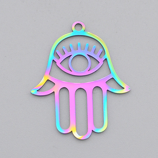 PandaHall Ion Plating(IP) 201 Stainless Steel Pendants, Laser Cut, Hamsa Hand//Hand of Miriam with Evil Eye, Rainbow Color, 28x23x1mm, Hole...
PandaHall Ion Plating(IP) 201 Stainless Steel Pendants, Laser Cut, Hamsa Hand//Hand of Miriam with Evil Eye, Rainbow Color, 28x23x1mm, Hole...