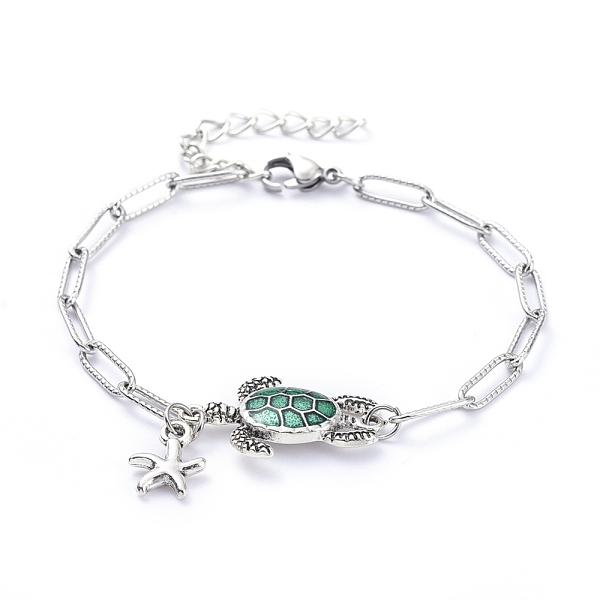 PandaHall Charm Bracelets, with Alloy Starfish Charms and Alloy Enamel Sea Turtle Links, 304 Stainless Steel Paperclip Chains and Lobster...
PandaHall Charm Bracelets, with Alloy Starfish Charms and Alloy Enamel Sea Turtle Links, 304 Stainless Steel Paperclip Chains and Lobster...