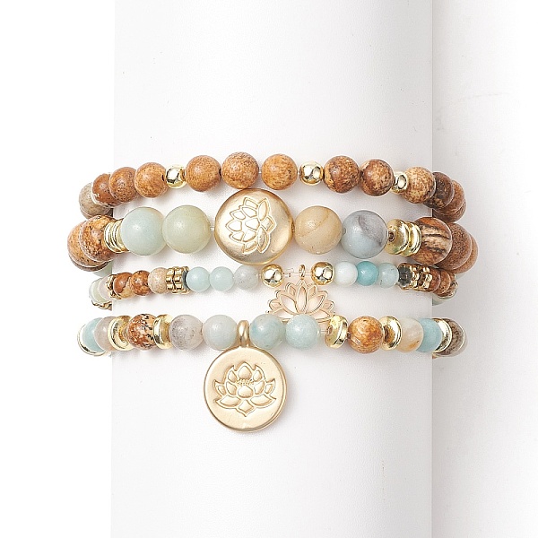 PandaHall Natural Flower Amazonite & Picture Jasper Beaded Stretch Bracelets Sets with Non-Magnetic Synthetic Hematite, Alloy Lotus Charms...
PandaHall Natural Flower Amazonite & Picture Jasper Beaded Stretch Bracelets Sets with Non-Magnetic Synthetic Hematite, Alloy Lotus Charms...