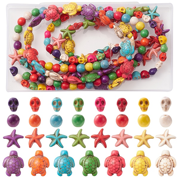 PandaHall 4 Strands 4 Styles Dyed Synthetic Turquoise Beads Strands, Skull & Starfish & Turtle & Round, Mixed Shapes, Colorful..., Multicolor
PandaHall 4 Strands 4 Styles Dyed Synthetic Turquoise Beads Strands, Skull & Starfish & Turtle & Round, Mixed Shapes, Colorful..., Multicolor